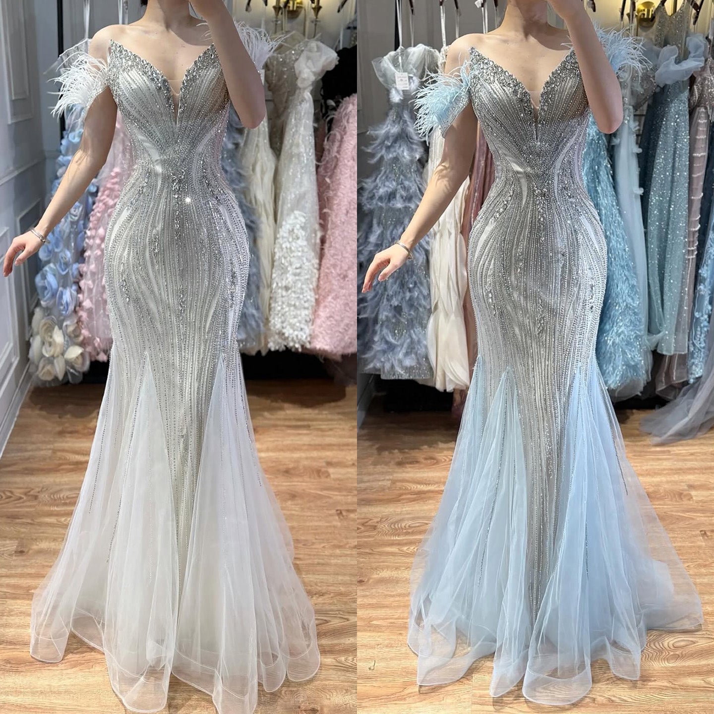 Luxury Beige Beaded Feather Mermaid Evening Dress LA73625 - SERENE  HILL
