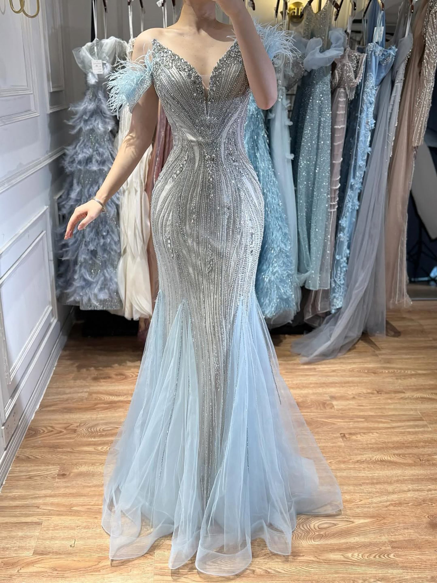 Luxury Beige Beaded Feather Mermaid Evening Dress LA73625 - SERENE  HILL