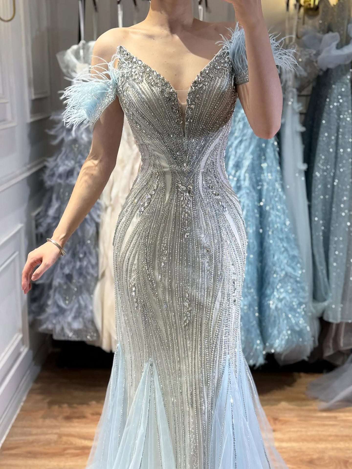 Luxury Beige Beaded Feather Mermaid Evening Dress LA73625 - SERENE  HILL