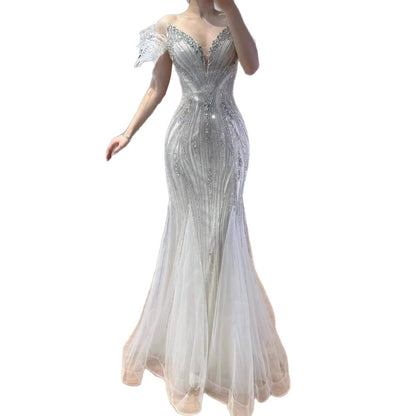Luxury Beige Beaded Feather Mermaid Evening Dress LA73625 - SERENE  HILL