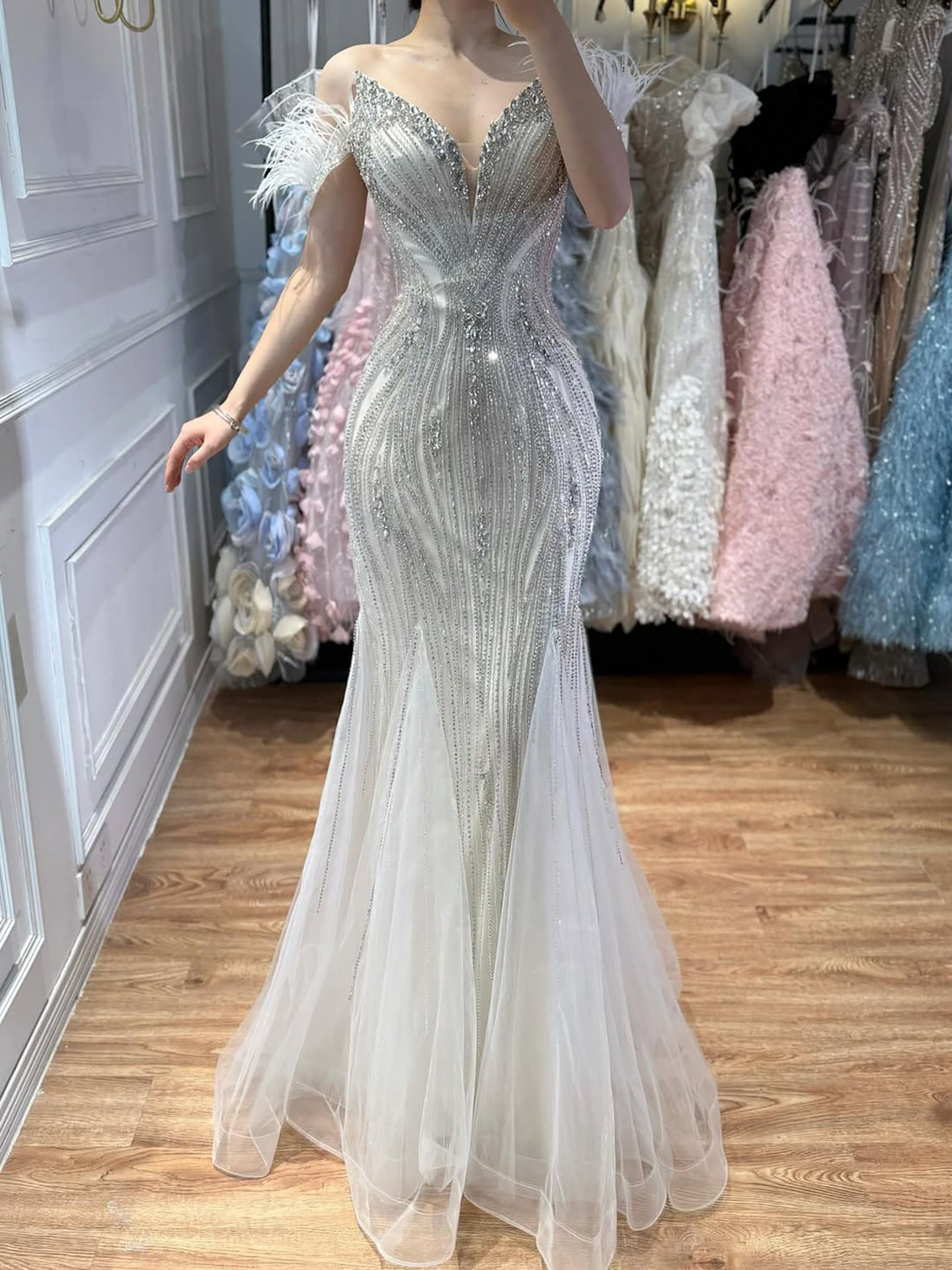 Luxury Beige Beaded Feather Mermaid Evening Dress LA73625 - SERENE  HILL