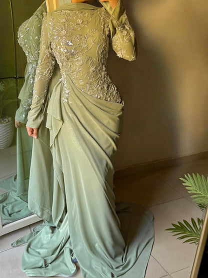 Luxury Sage Green Lace Appliques Evening Dress Long Sleeves LA73626 - SERENE  HILL