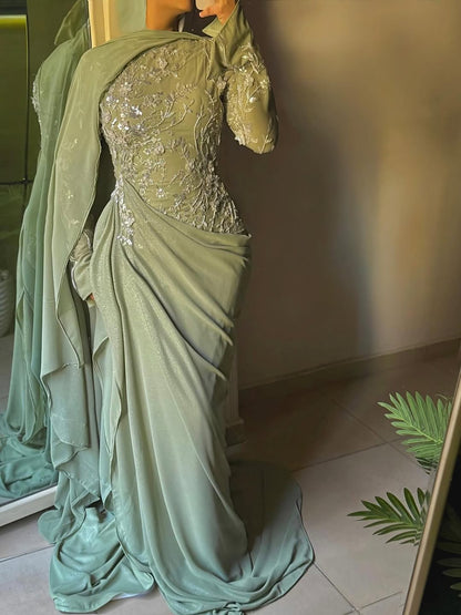 Luxury Sage Green Lace Appliques Evening Dress Long Sleeves LA73626 - SERENE  HILL