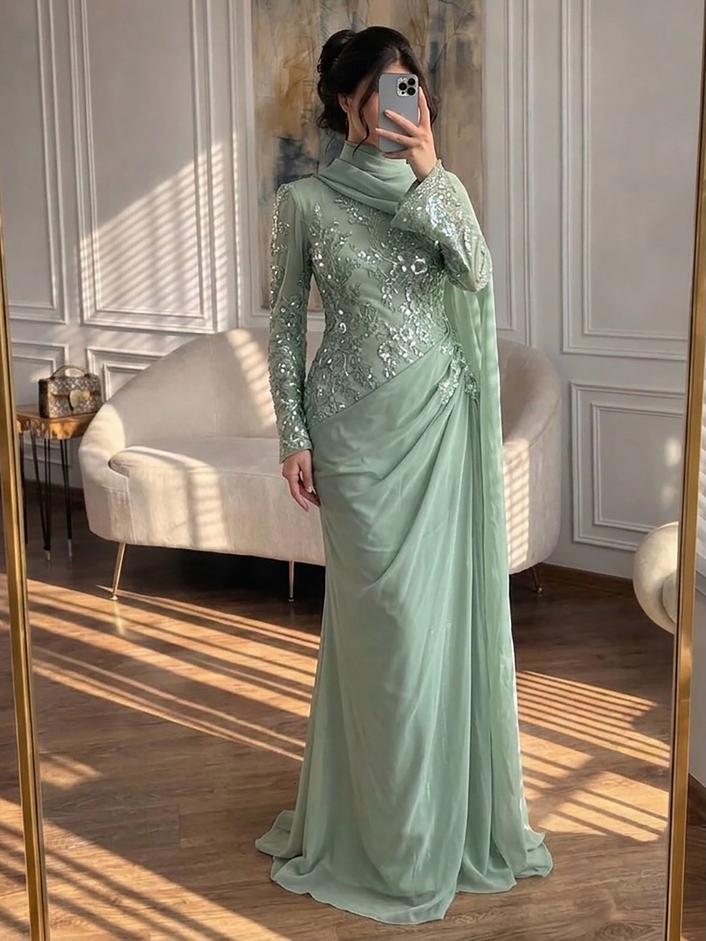 Luxury Sage Green Lace Appliques Evening Dress Long Sleeves LA73626 Sage Green / 6