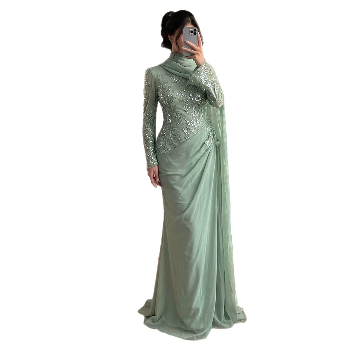 Luxury Sage Green Lace Appliques Evening Dress Long Sleeves LA73626