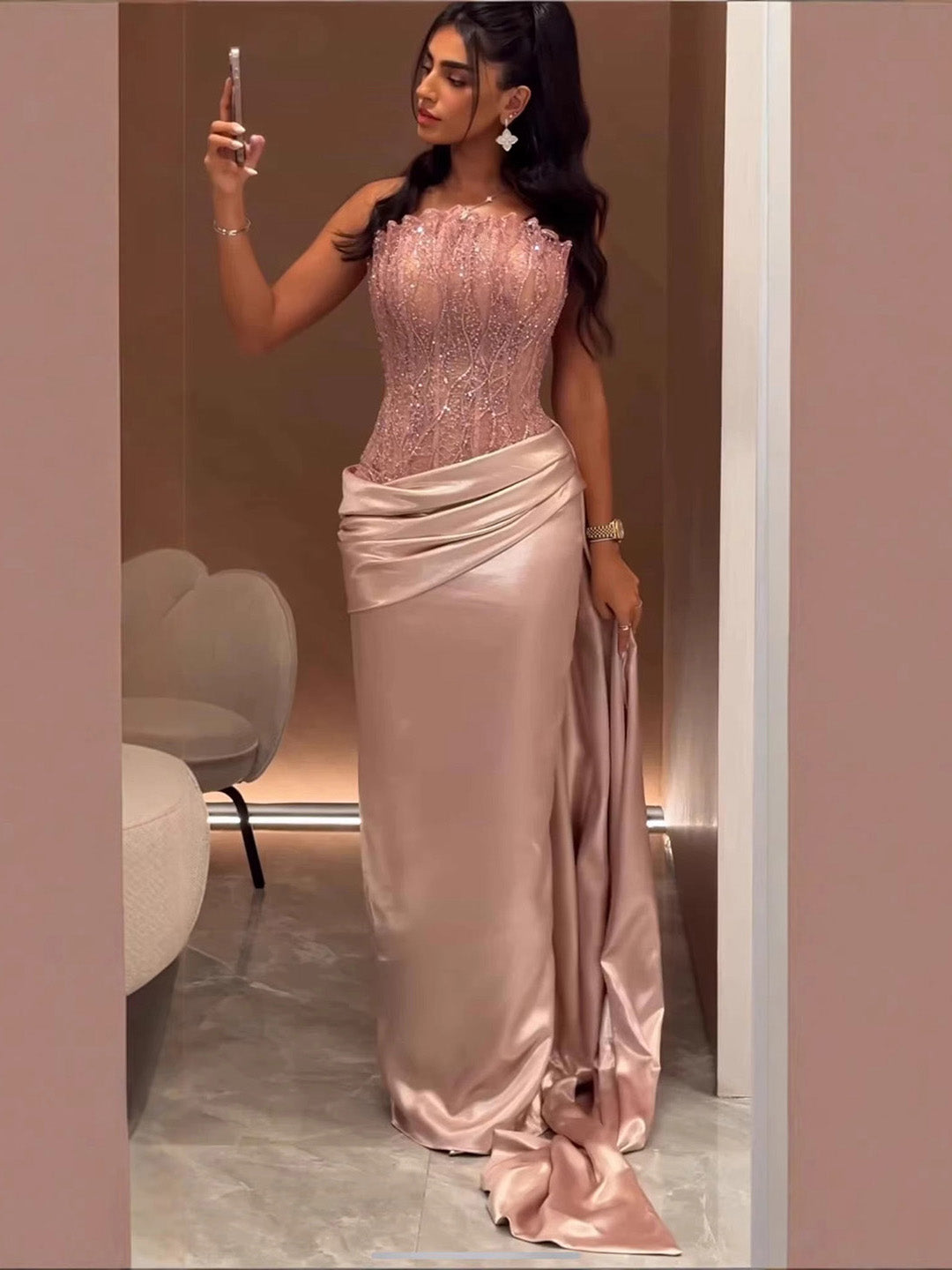 Luxury Pink Beaded Strapless Mermaid Evening Dress LA73628 - SERENE  HILL