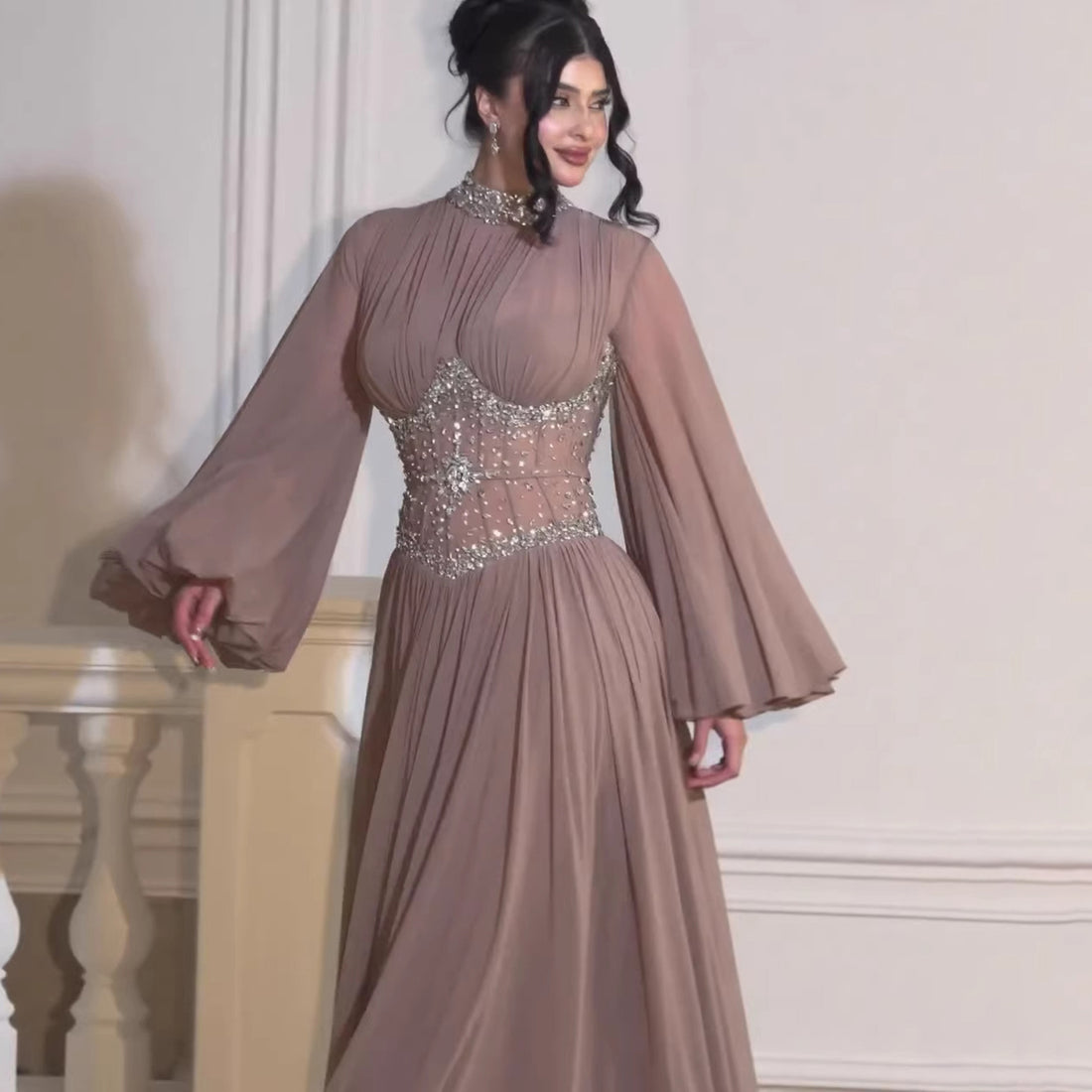 Luxury Brown Crystal Beaded A-Line Evening Dress LA73629 - SERENE  HILL