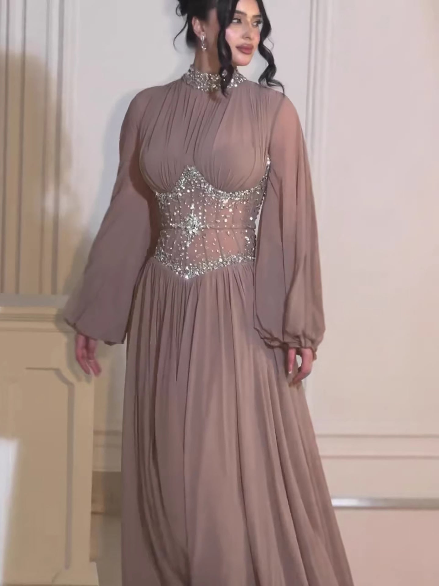 Luxury Brown Crystal Beaded A-Line Evening Dress LA73629 - SERENE  HILL