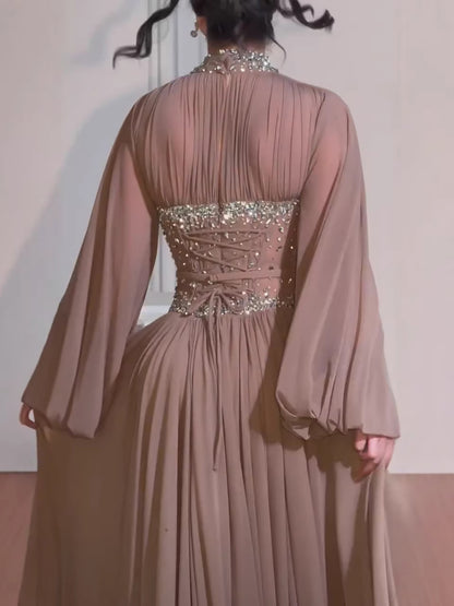 Luxury Brown Crystal Beaded A-Line Evening Dress LA73629 - SERENE  HILL