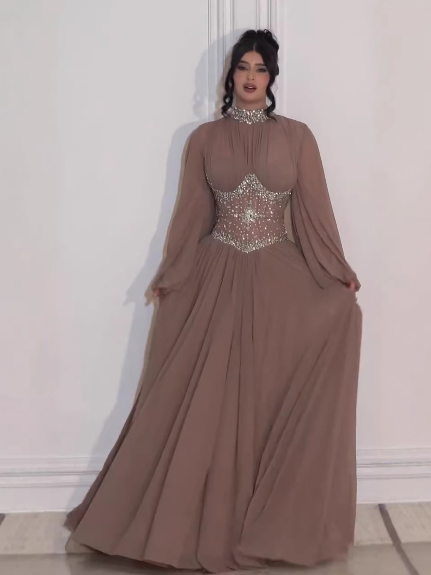 Luxury Brown Crystal Beaded A-Line Evening Dress LA73629 - SERENE  HILL