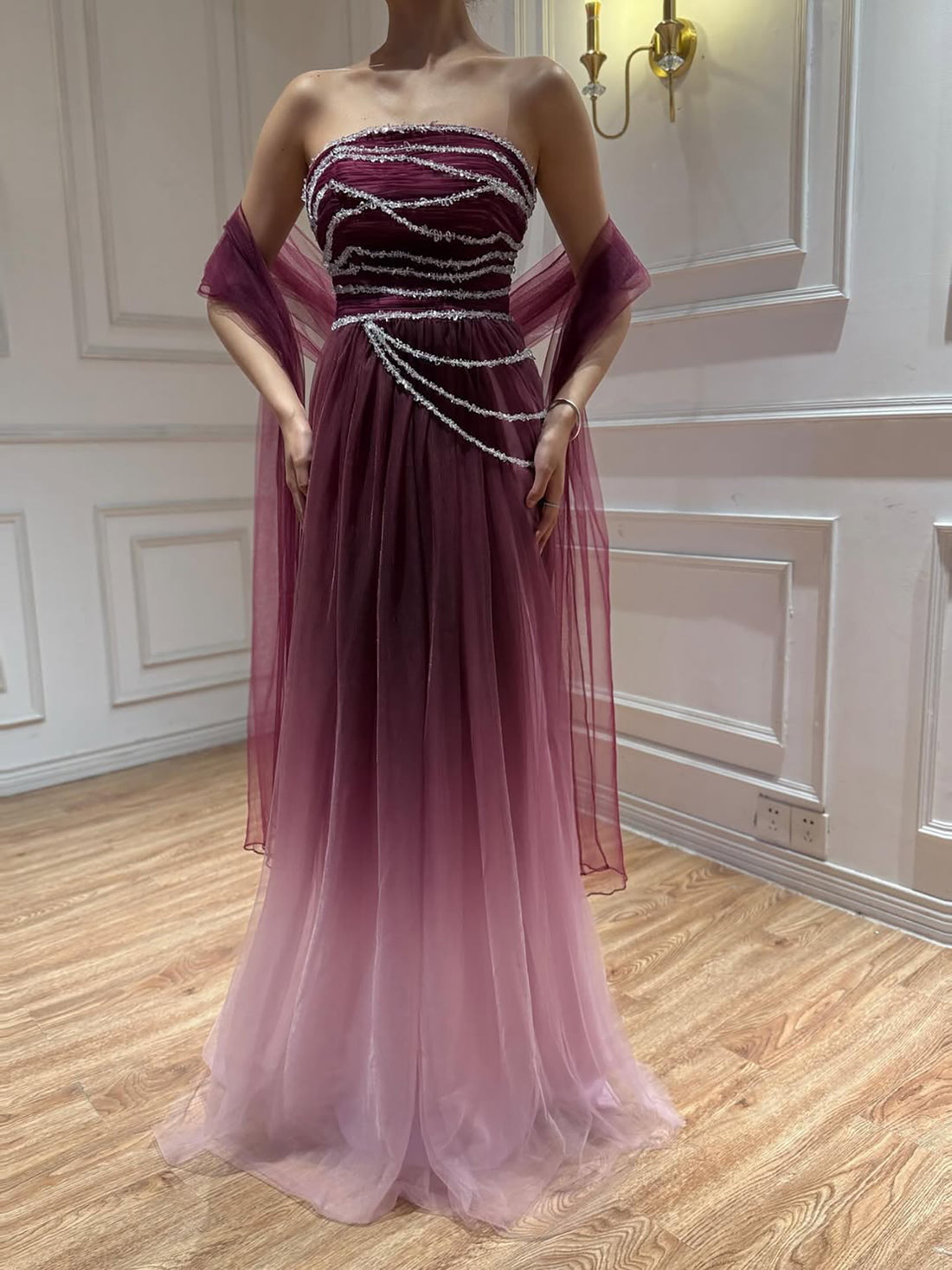 Wine Red Strapless Beaded Evening Dress LA73630