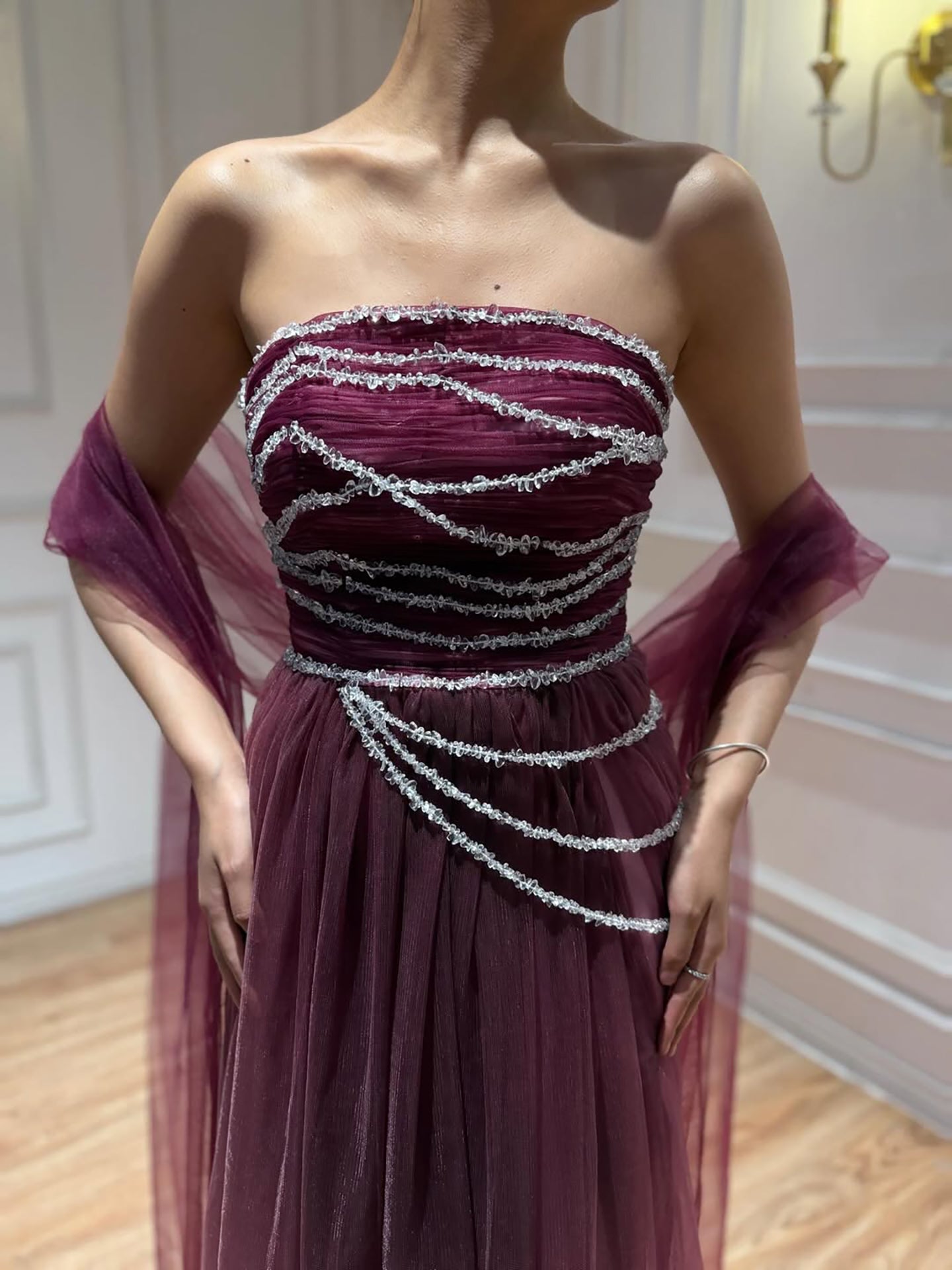 Wine Red Strapless Beaded Evening Dress LA73630