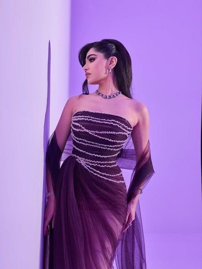 Wine Red Strapless Beaded Evening Dress LA73630 - SERENE  HILL