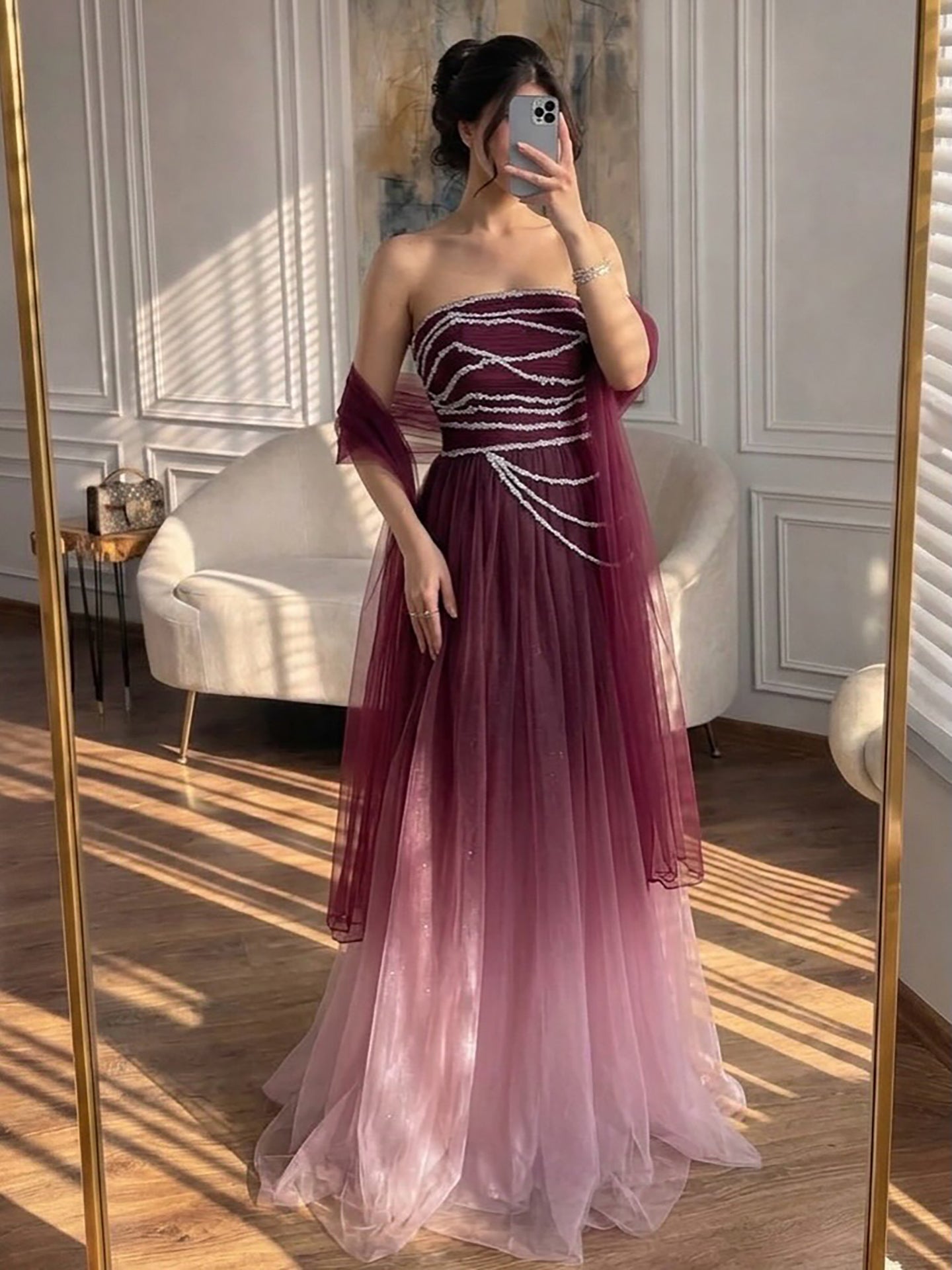 Wine Red Strapless Beaded Evening Dress LA73630