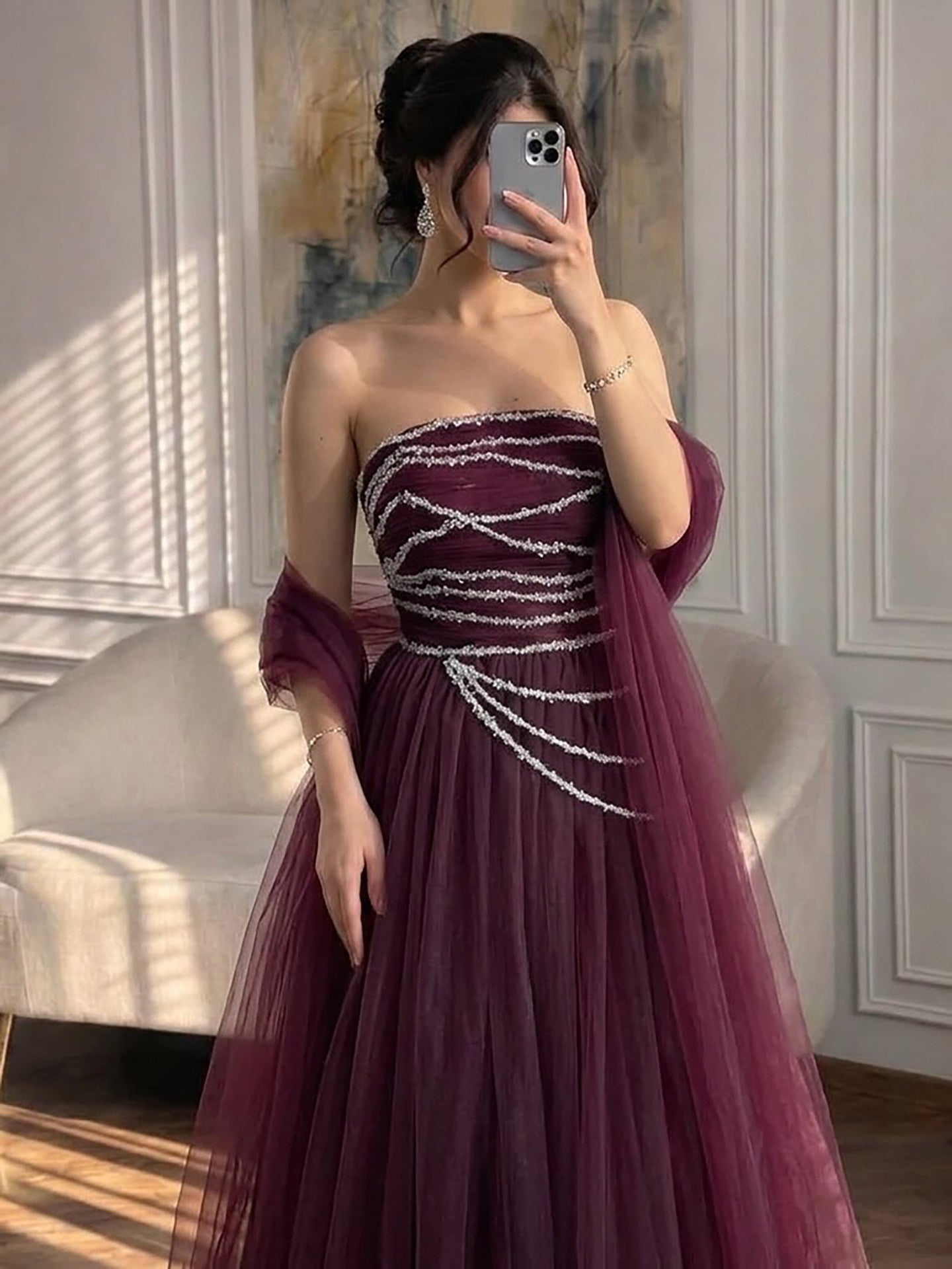 Wine Red Strapless Beaded Evening Dress LA73630