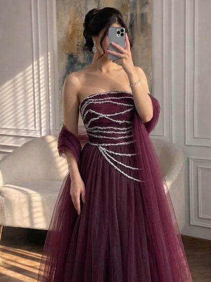 Wine Red Strapless Beaded Evening Dress LA73630
