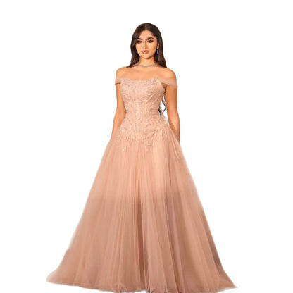 Luxury Pink Beaded A-Line Off-Shoulder Tulle Evening Dress LA73631 - SERENE  HILL