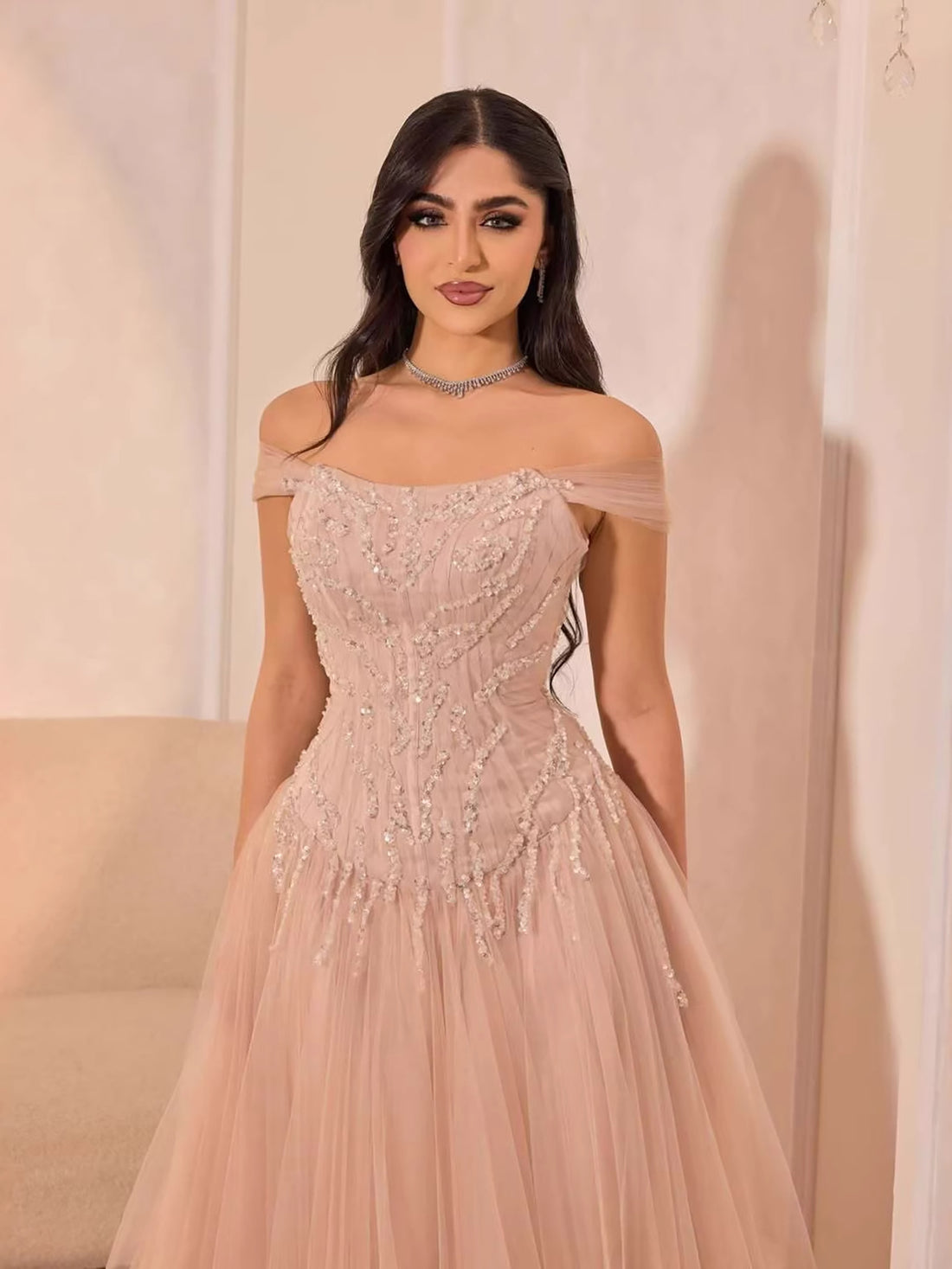 Luxury Pink Beaded A-Line Off-Shoulder Tulle Evening Dress LA73631 - SERENE  HILL