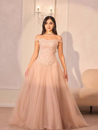 Luxury Pink Beaded A-Line Off-Shoulder Tulle Evening Dress LA73631 - SERENE  HILL