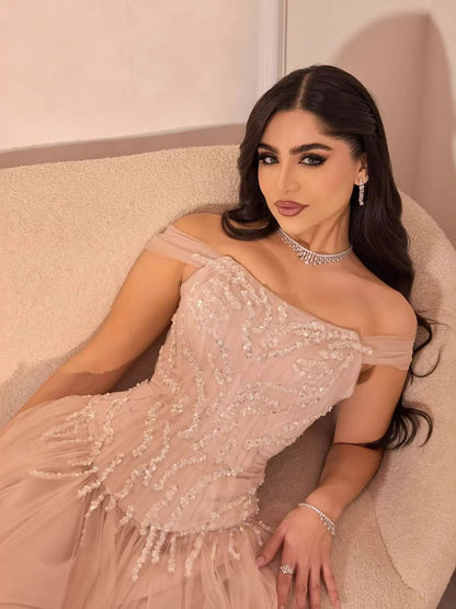 Luxury Pink Beaded A-Line Off-Shoulder Tulle Evening Dress LA73631 - SERENE  HILL