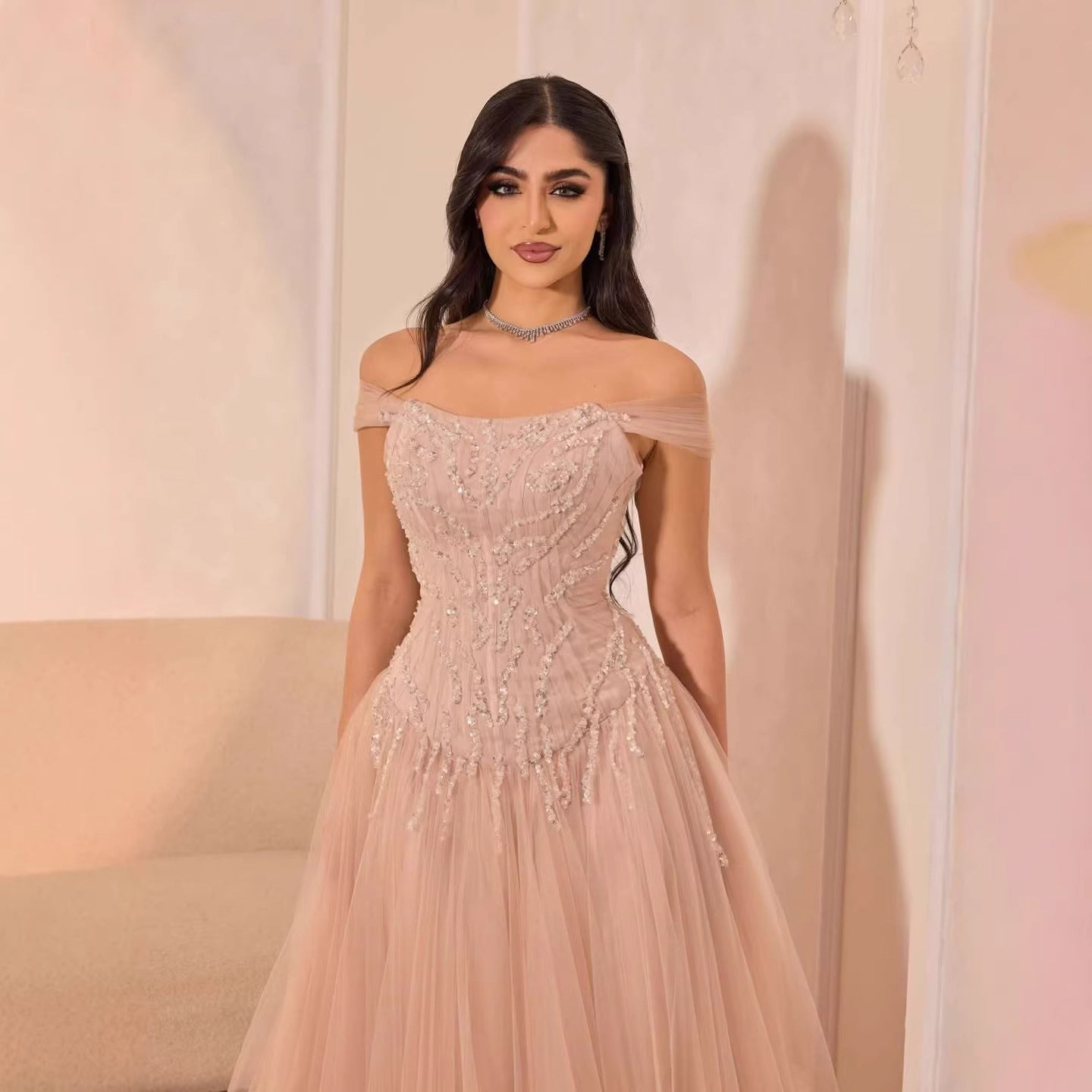 Luxury Pink Beaded A-Line Off-Shoulder Tulle Evening Dress LA73631 - SERENE  HILL