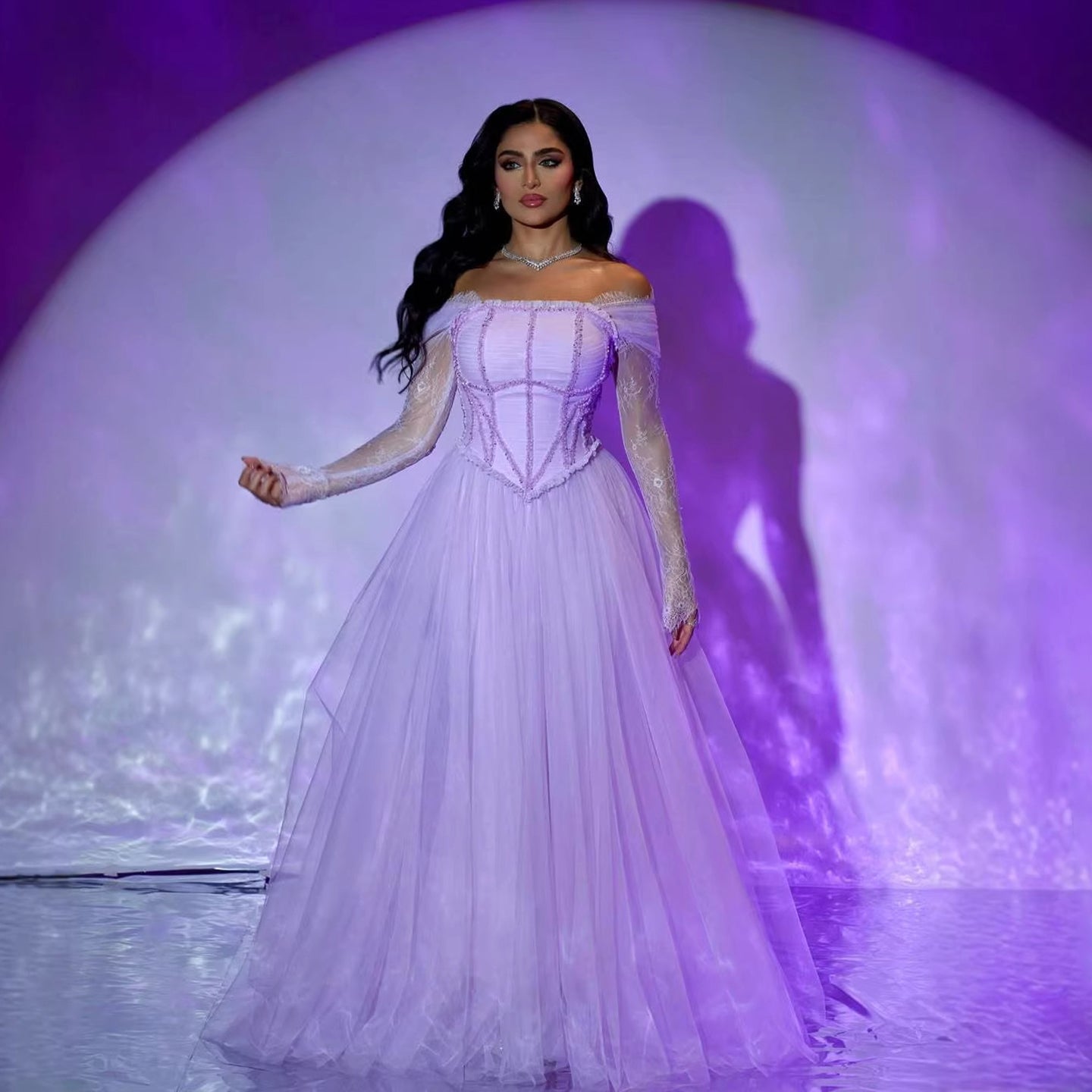 Luxury Lilac Beaded Lace A-Line Off-Shoulder Tulle Evening Dress LA73632 - SERENE  HILL