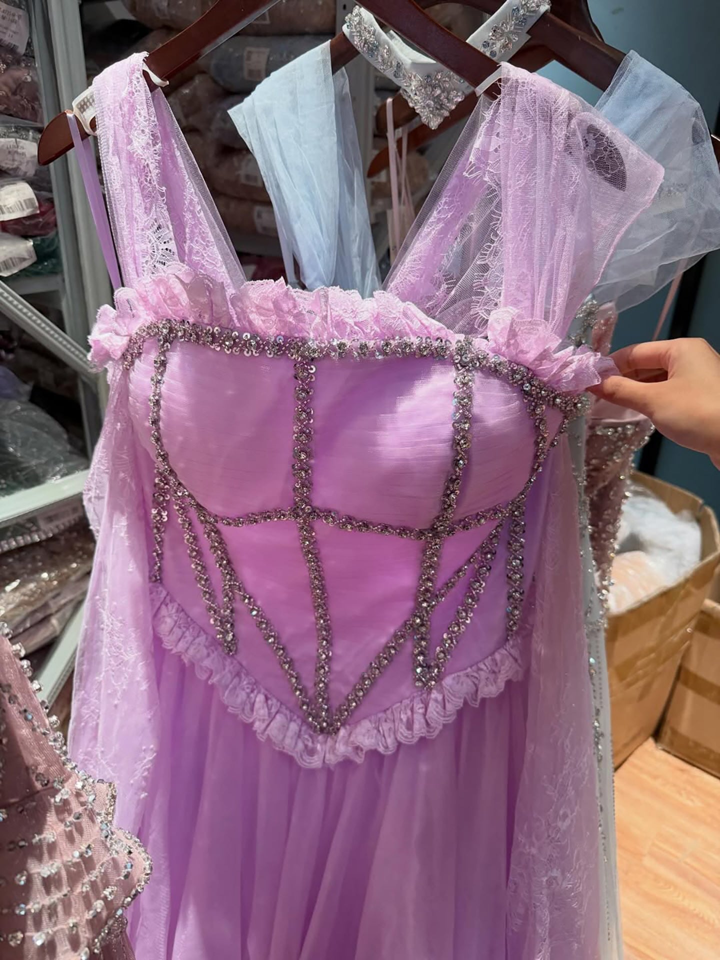 Luxury Lilac Beaded Lace A-Line Off-Shoulder Tulle Evening Dress LA73632