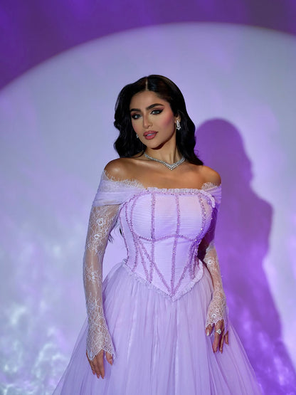 Luxury Lilac Beaded Lace A-Line Off-Shoulder Tulle Evening Dress LA73632 - SERENE  HILL