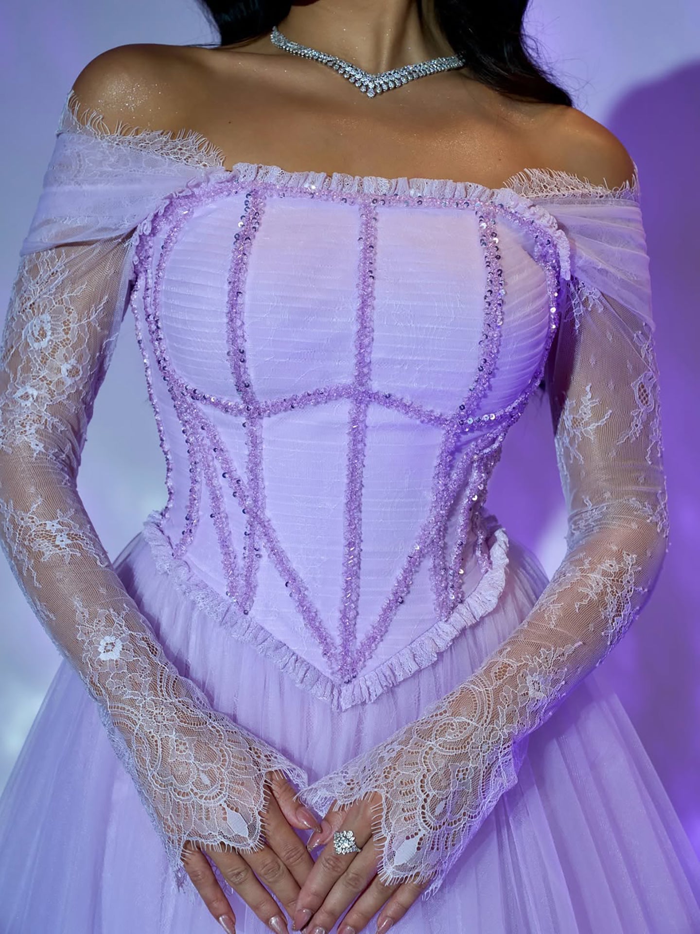 Luxury Lilac Beaded Lace A-Line Off-Shoulder Tulle Evening Dress LA73632 - SERENE  HILL
