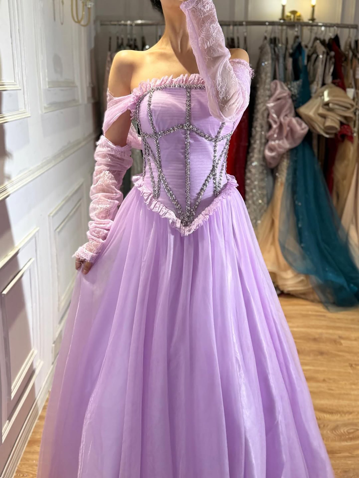 Luxury Lilac Beaded Lace A-Line Off-Shoulder Tulle Evening Dress LA73632