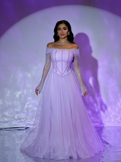 Luxury Lilac Beaded Lace A-Line Off-Shoulder Tulle Evening Dress LA73632 - SERENE  HILL