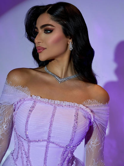Luxury Lilac Beaded Lace A-Line Off-Shoulder Tulle Evening Dress LA73632 - SERENE  HILL
