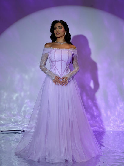 Luxury Lilac Beaded Lace A-Line Off-Shoulder Tulle Evening Dress LA73632 - SERENE  HILL