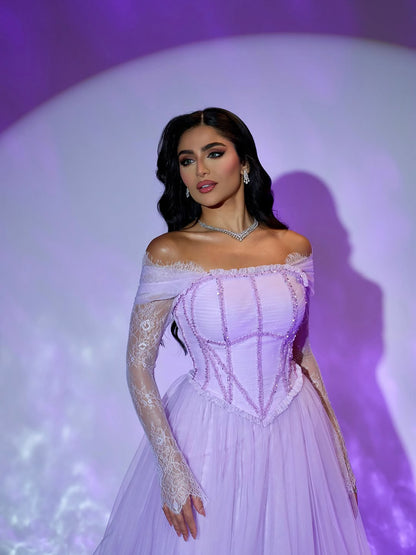 Luxury Lilac Beaded Lace A-Line Off-Shoulder Tulle Evening Dress LA73632 - SERENE  HILL