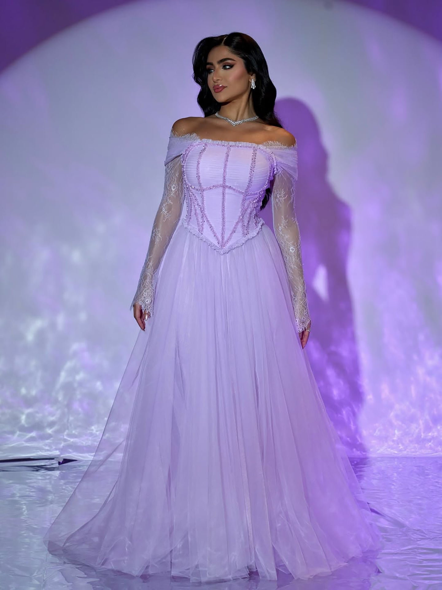 Luxury Lilac Beaded Lace A-Line Off-Shoulder Tulle Evening Dress LA73632 - SERENE  HILL