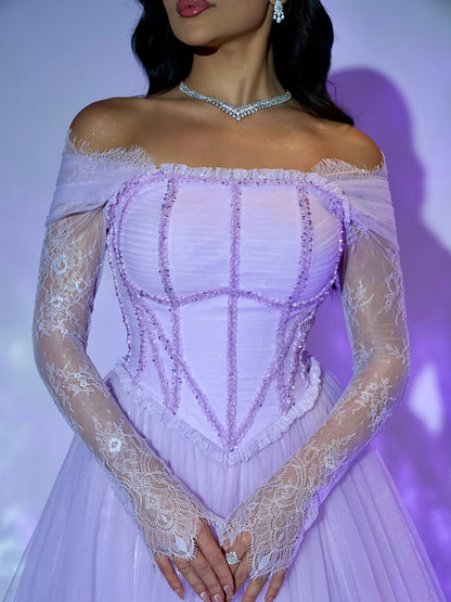 Luxury Lilac Beaded Lace A-Line Off-Shoulder Tulle Evening Dress LA73632 - SERENE  HILL