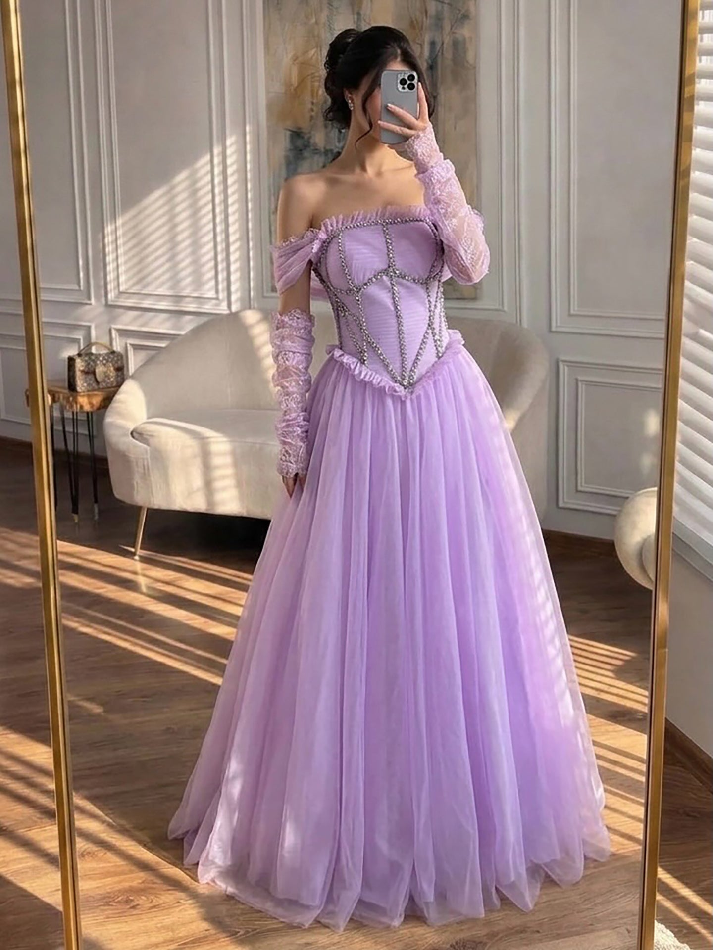 Luxury Lilac Beaded Lace A-Line Off-Shoulder Tulle Evening Dress LA73632