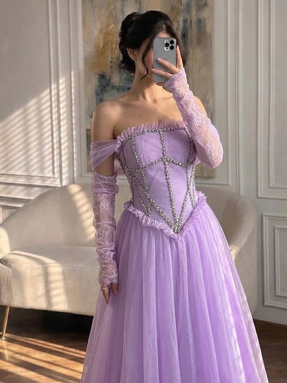 Luxury Lilac Beaded Lace A-Line Off-Shoulder Tulle Evening Dress LA73632