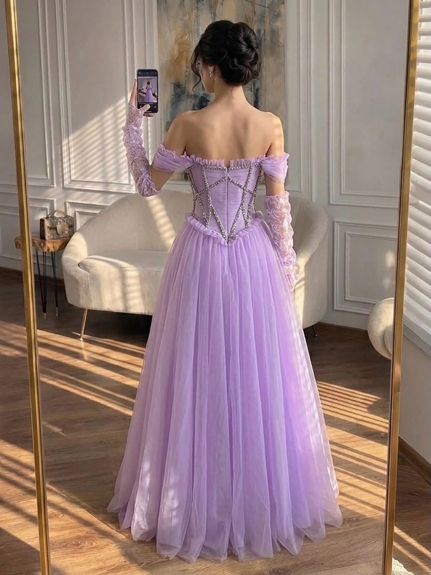 Luxury Lilac Beaded Lace A-Line Off-Shoulder Tulle Evening Dress LA73632