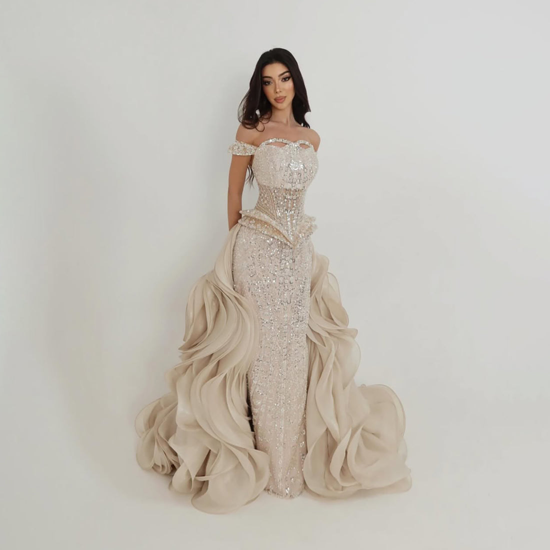 Luxury Cream Beaded Mermaid Evening Dress LA73633 - SERENE  HILL