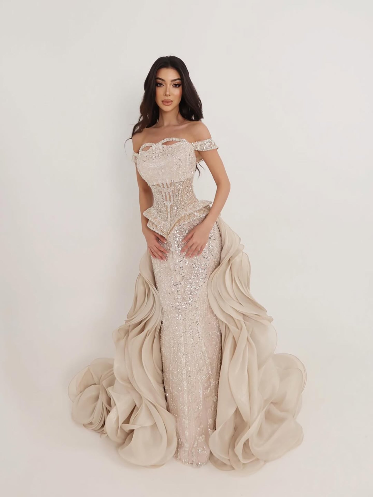 Luxury Cream Beaded Mermaid Evening Dress LA73633 - SERENE  HILL