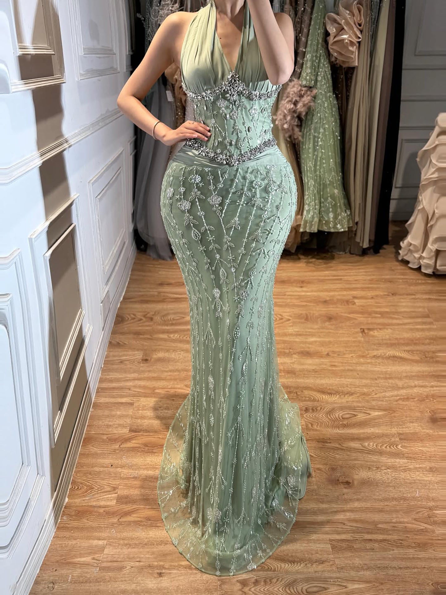 Luxury Nude Crystal Beaded Mermaid Evening Dress LA73635 SERENE HILL