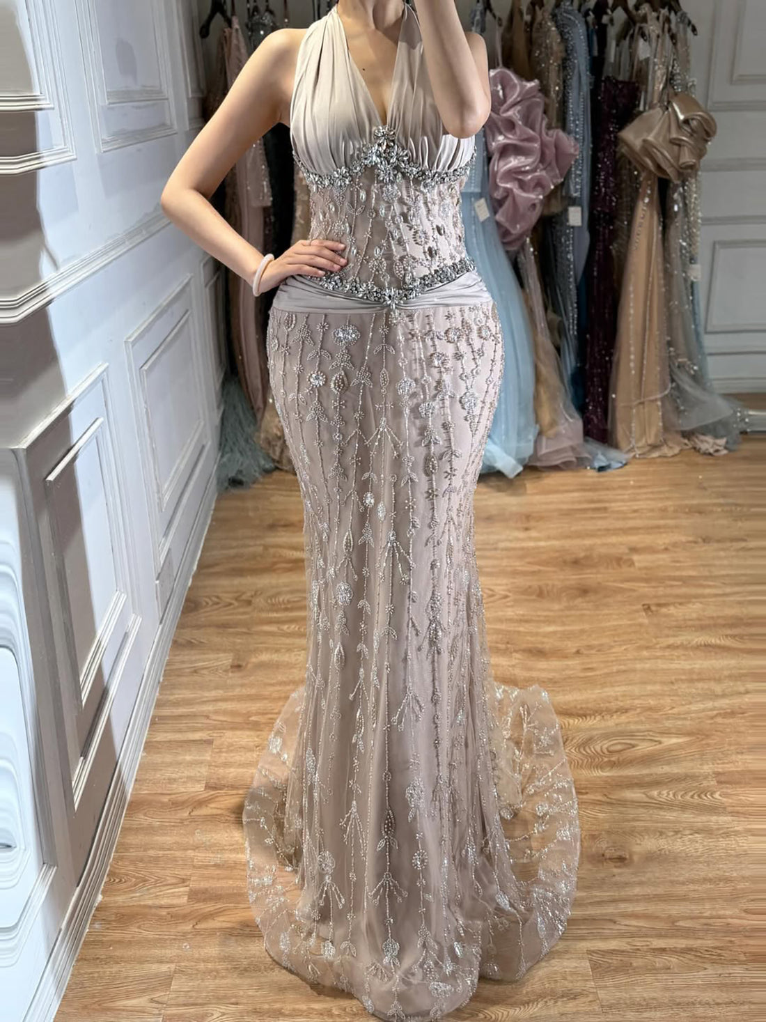 Luxury Nude Crystal Beaded Mermaid Evening Dress LA73635