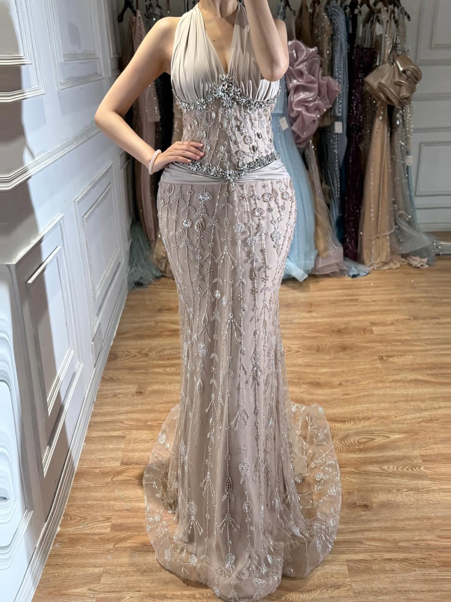 Luxury Nude Crystal Beaded Mermaid Evening Dress LA73635