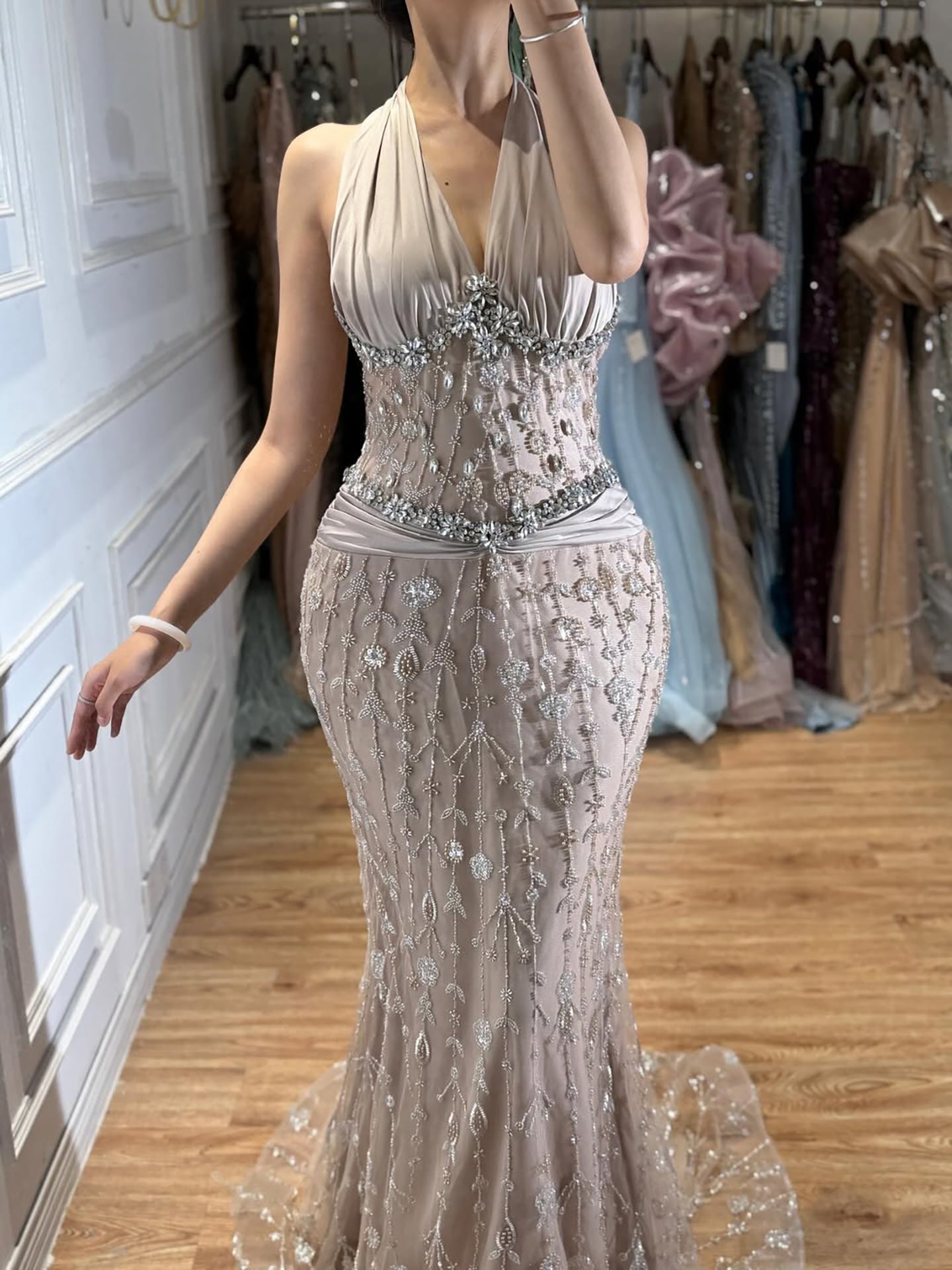 Luxury Nude Crystal Beaded Mermaid Evening Dress LA73635