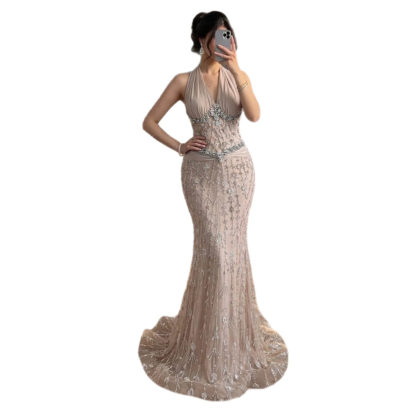 Luxury Nude Crystal Beaded Mermaid Evening Dress LA73635