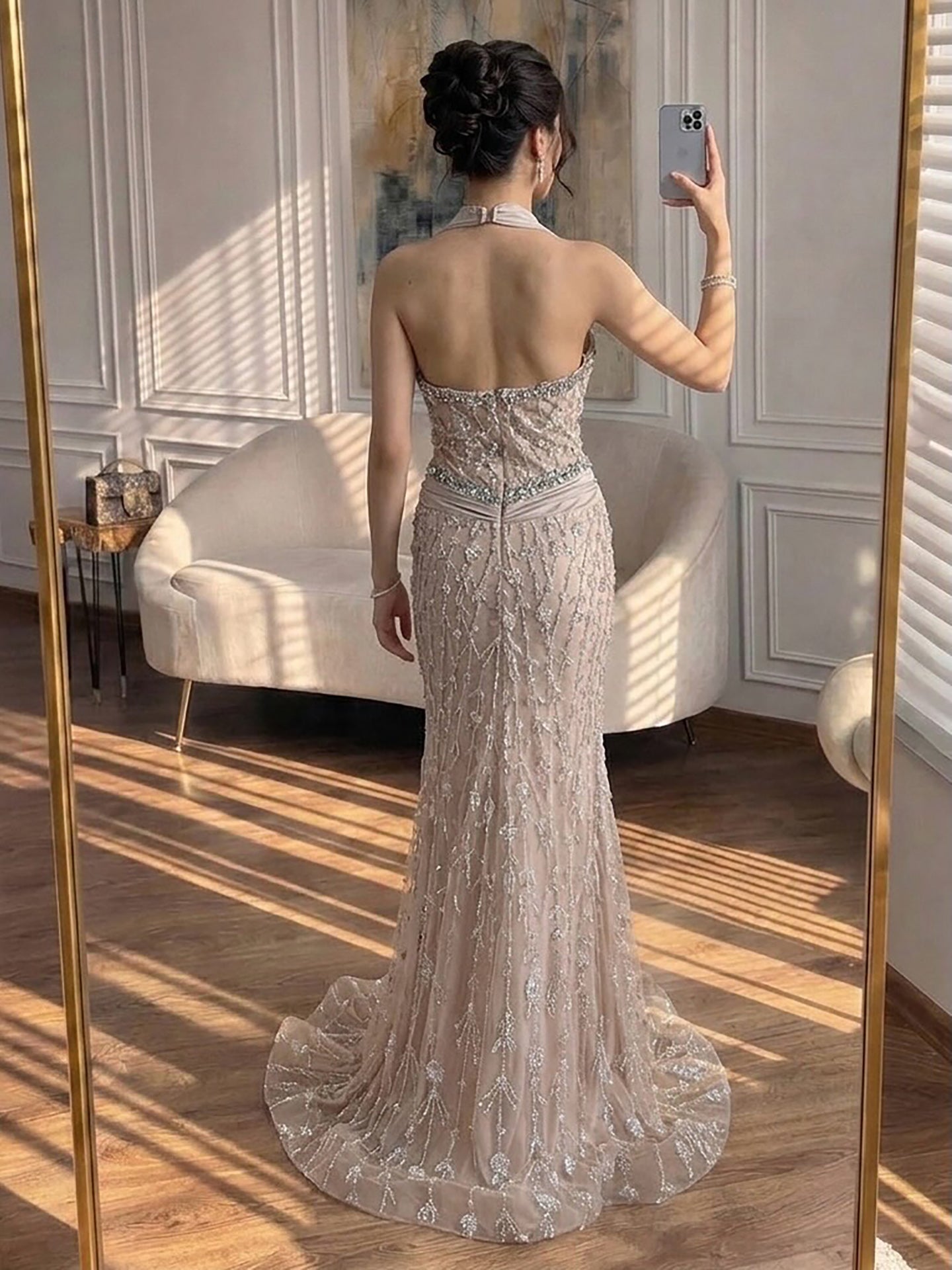Luxury Nude Crystal Beaded Mermaid Evening Dress LA73635