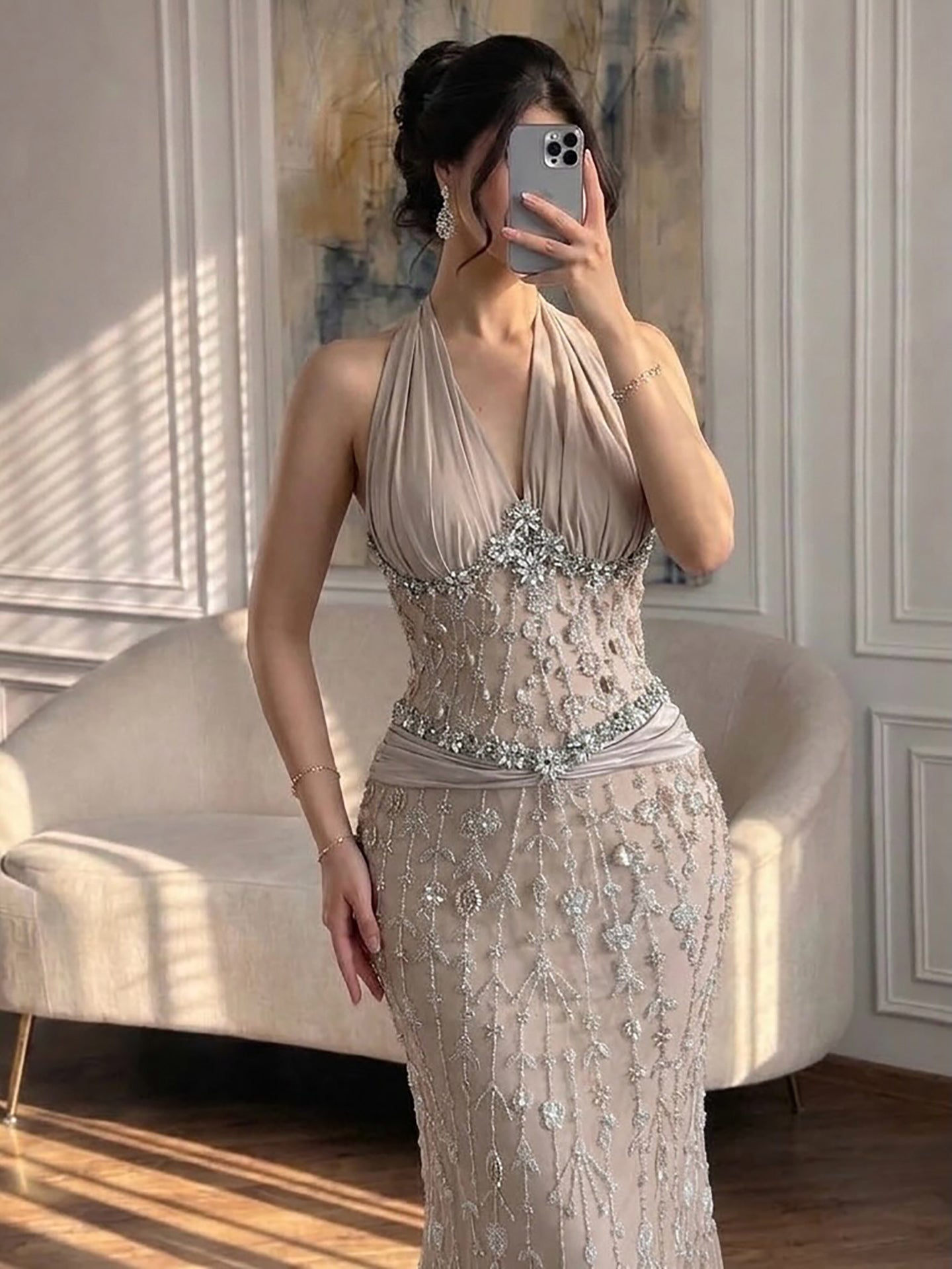 Luxury Nude Crystal Beaded Mermaid Evening Dress LA73635