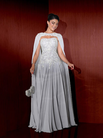 Luxury Gray Beaded Strapless A Line Evening Dress With Cape LA73636 - SERENE  HILL