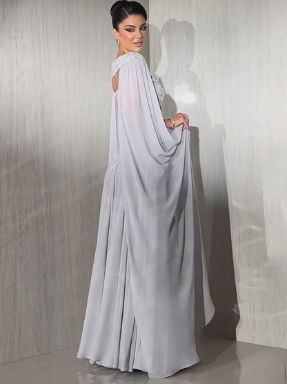 Luxury Gray Beaded Strapless A Line Evening Dress With Cape LA73636 - SERENE  HILL